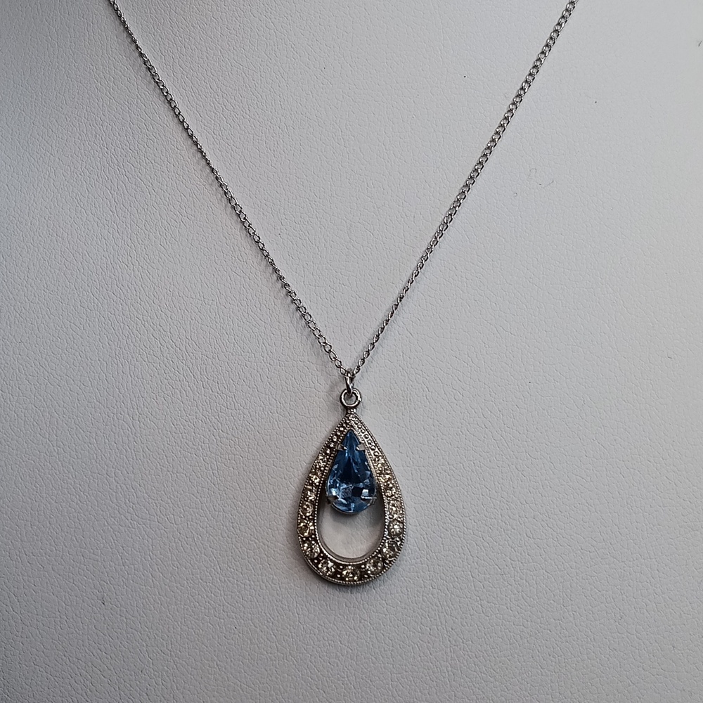 Vintage Blue Teardrop Rhinestone Pendant Necklace Sterling Silver Chain 15" Long